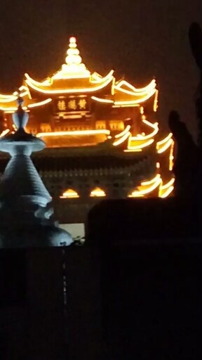 夜间武汉长江大桥上拍黄鹤楼一景